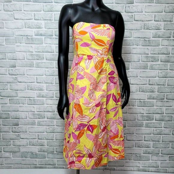 90s Lilly Pulitzer Womens‎ 2 Floral Parrot Pattern Strapless Tie Back Midi Dress - Picture 2 of 7